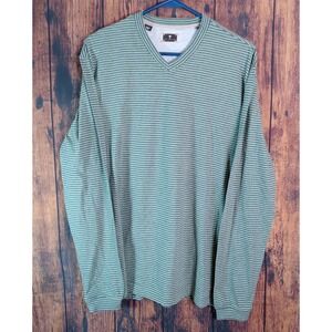 Left Coast Tee Mens Medium Green Grey Striped V-Neck Long Sleeve 100% Cotton